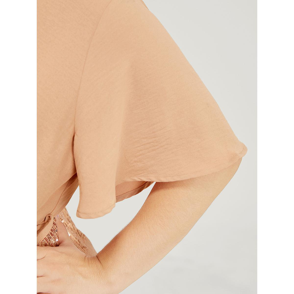 Plus Size Sequin Patchwork Pocket Belted Surplice Neck Ruffle Dress Apricot Women Party Lined V-neck Short sleeve Curvy Knee Dress BloomChic 30/6X Product Image