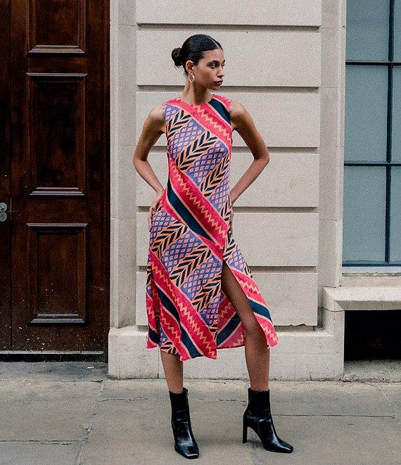COREY LYNN CALTER Beatriz Woven Geo Ikat Print Round Neck Sleeveless Midi Shift Dress Product Image