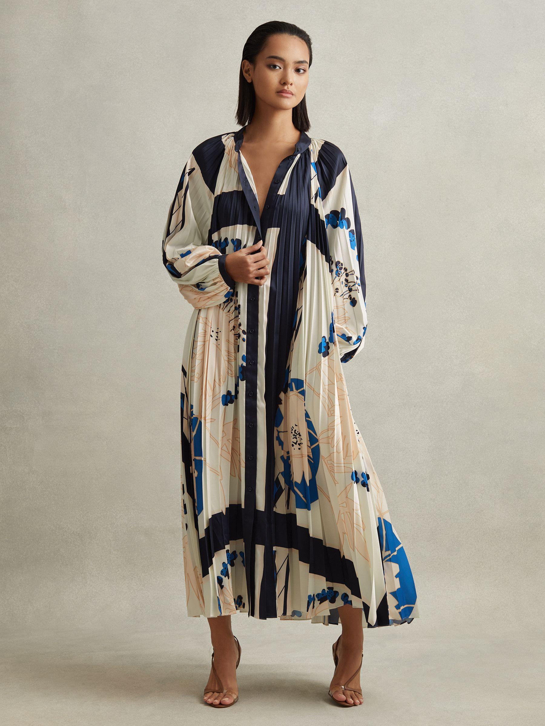 Printed Pleated Maxi Dress in Blue Product Image