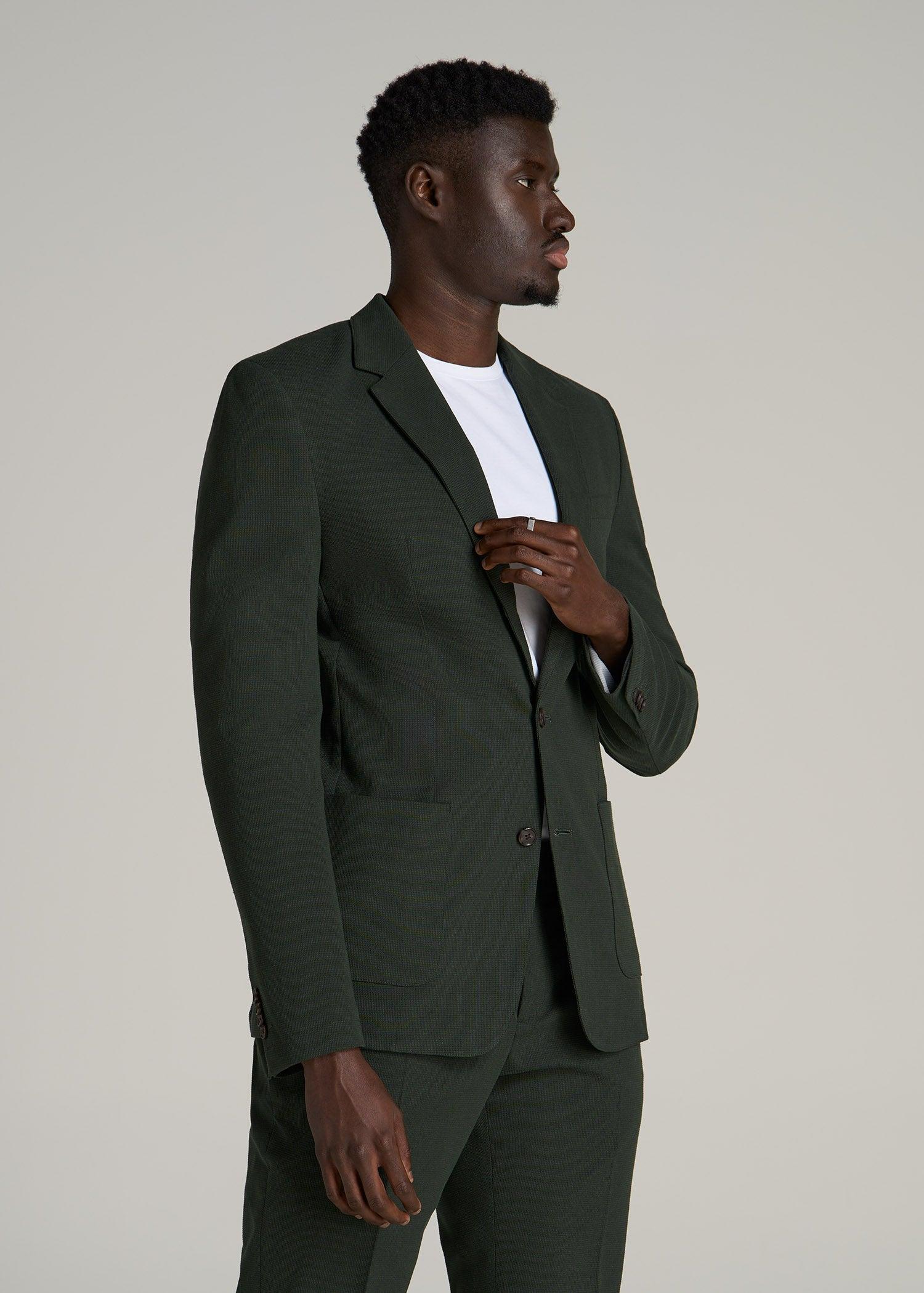 Textured Garment Washed Stretch Cotton Blazer for Tall Men in Dark Olive Green Male Product Image