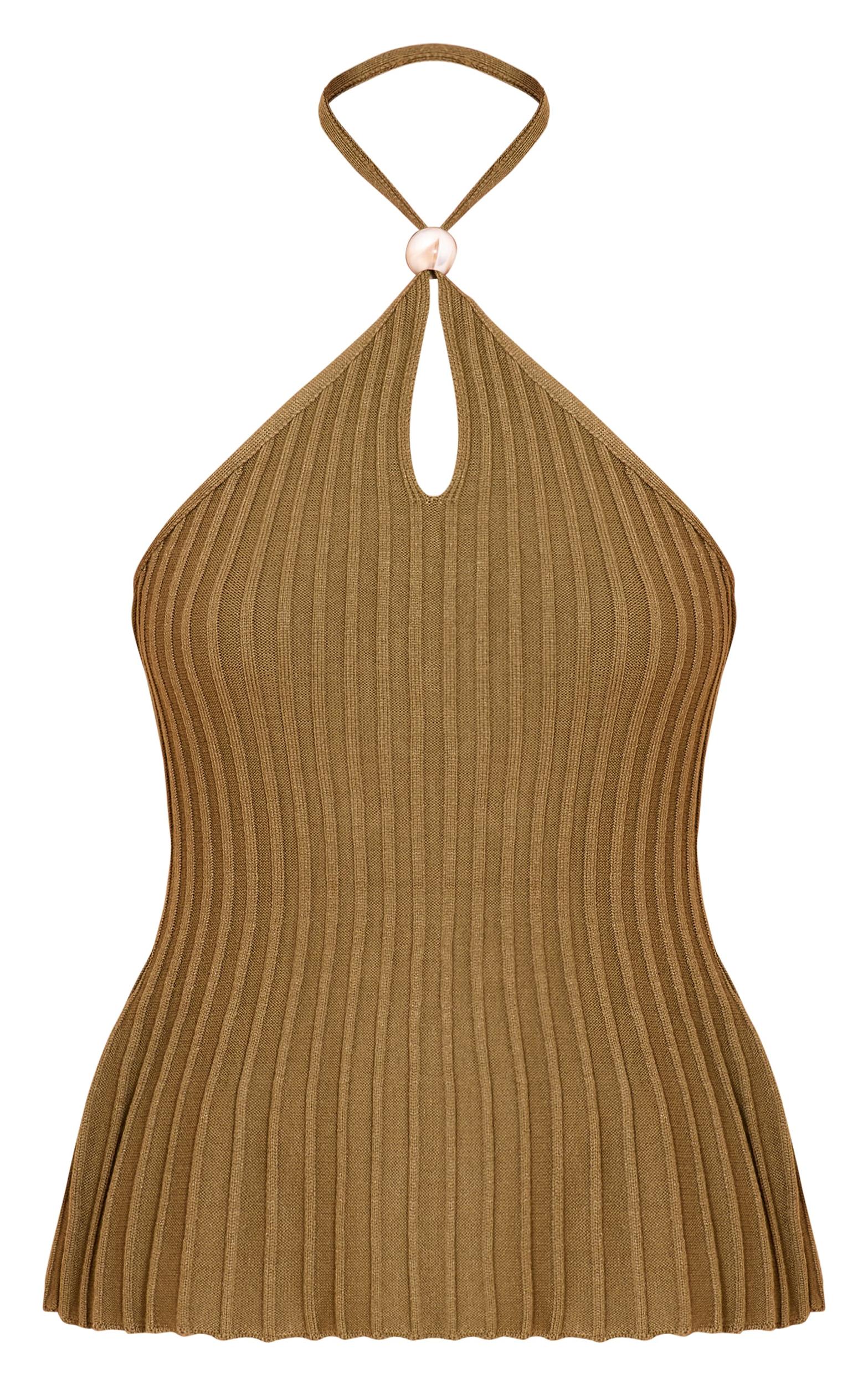 Olive Halterneck Bead Detail Knit Top Product Image