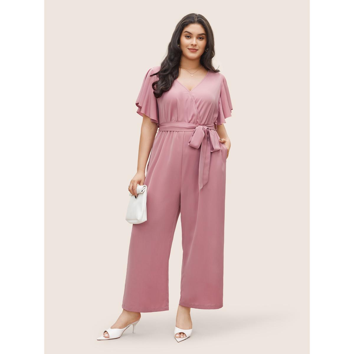 Plus Size Rouge Anti-Wrinkle Plain Belted Flutter Sleeve Zipper Jumpsuit Women Elegant Short sleeve Overlap Collar Everyday Loose Jumpsuits BloomChic 28/5X Product Image