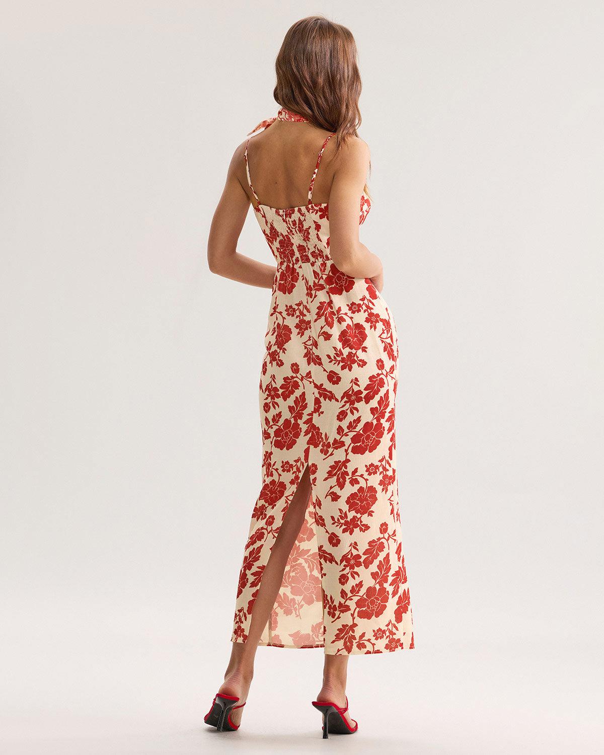 Red Floral Bodycon Slip Maxi Dress Product Image
