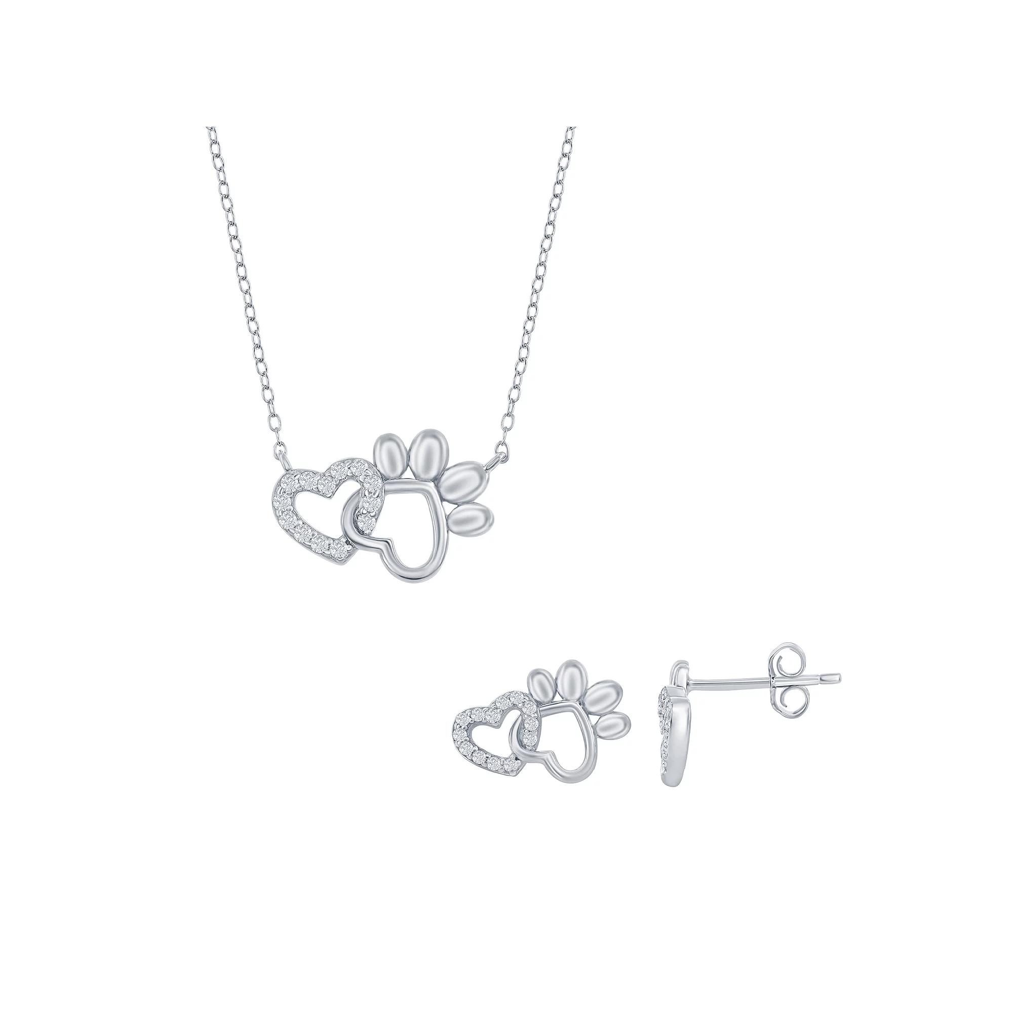 Sterling Silver Cubic Zirconia Heart Paw Print Necklace & Earrings Set, Women's Product Image