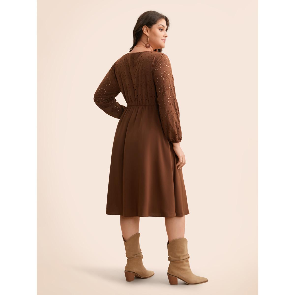 Plus Size Broderie Anglaise Patchwork Tie Knot Dress Browncoffeecolor Women Elegant Patchwork Round Neck Long Sleeve Curvy BloomChic 22-24/3X Product Image