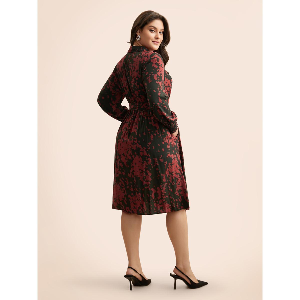 Plus Size Silhouette Floral Print Shirt Collar Belted Dress BlackFlower Women Elegant Belted Shirt collar Long Sleeve Curvy BloomChic 10/M Product Image