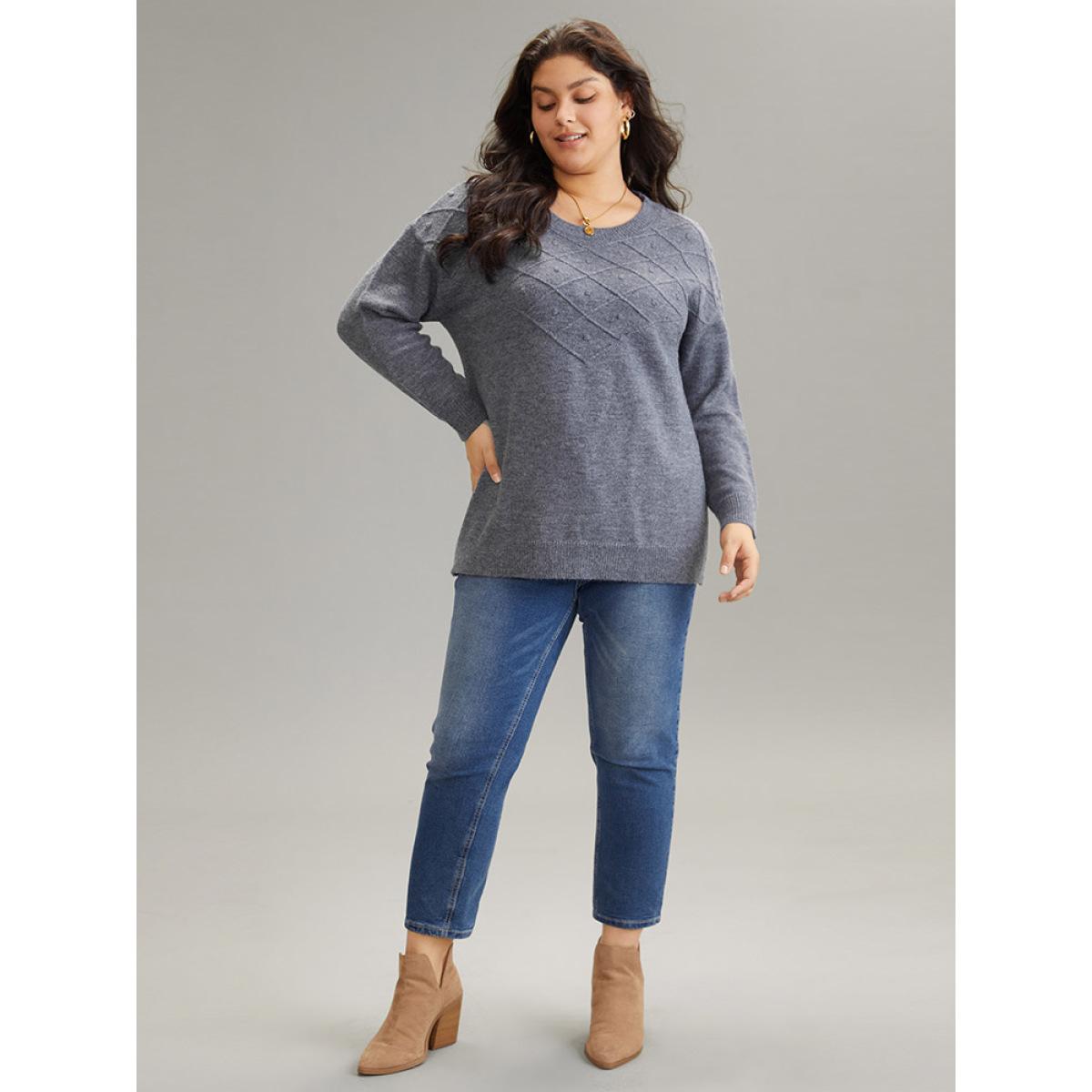 Plus Size Supersoft Essentials Textured Crew Neck Drop Shoulder Pullover DimGray Women Casual Loose Long Sleeve Round Neck Dailywear Pullovers BloomChic 10/M Product Image