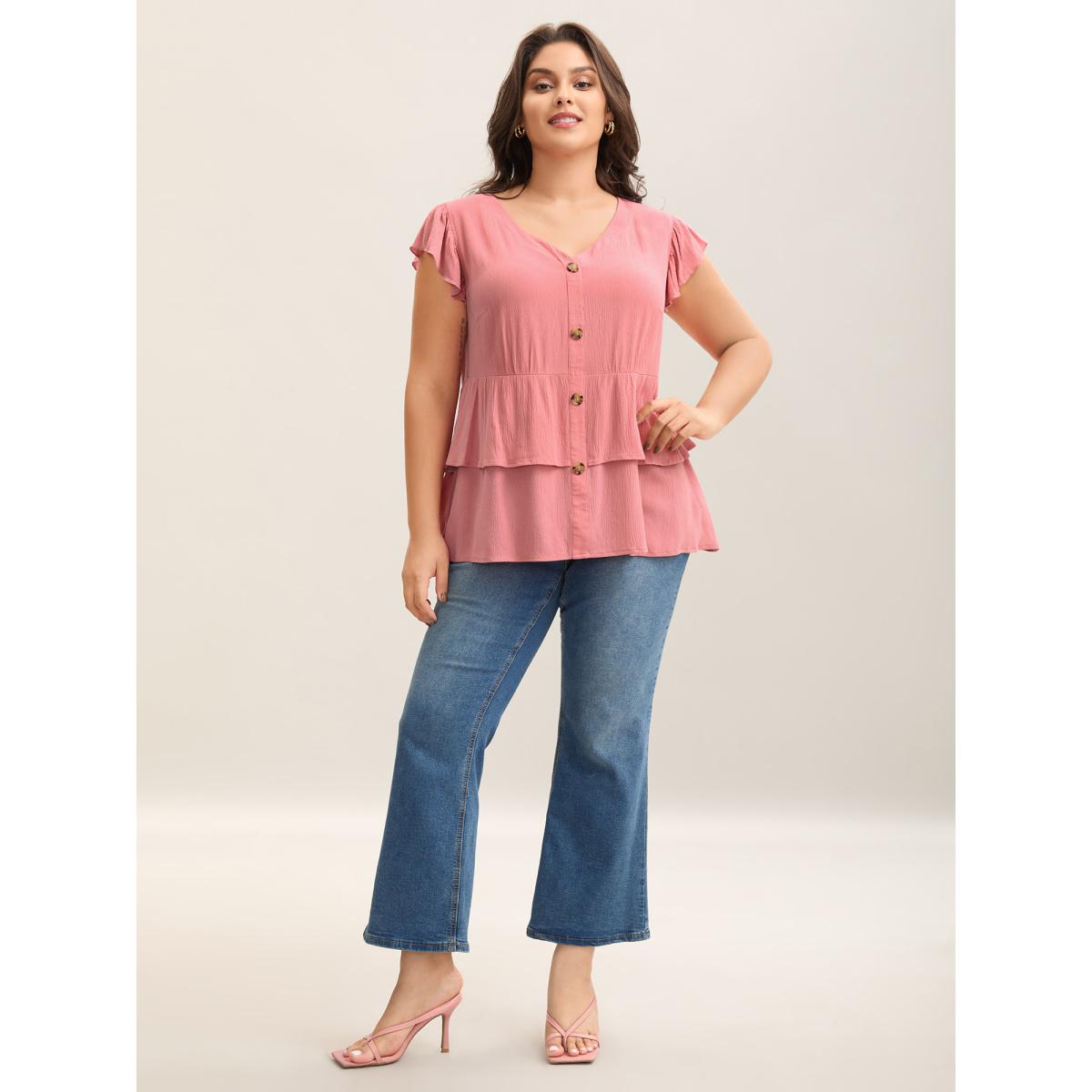 Plus Size Watermelon Rayon Ruffled Layered Hem Button Blouse Women Cap Sleeve V-neck Elegant Blouses BloomChic 26/4X Product Image