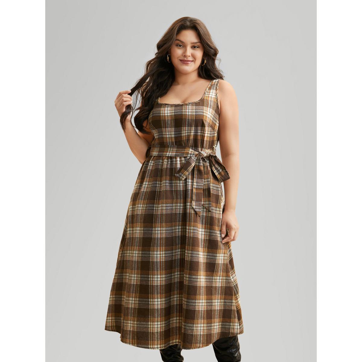 Plus Size Square Neck Plaid Belted Dress Browncoffeecolor Women Elegant Belted Square Neck Sleeveless Curvy BloomChic 14-16/1X Product Image