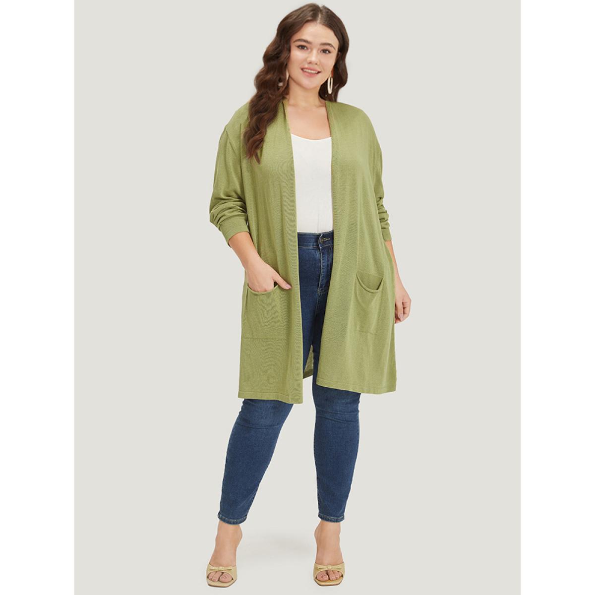 Plus Size Solid Patched Pocket Open Front Tunic Cardigan Moss Women Casual Loose Long Sleeve Dailywear Cardigans BloomChic 10/M Product Image