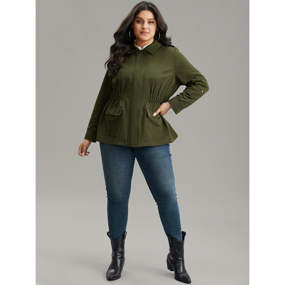 Plus Size Solid Elastic Waist Zipper Fly Flap Pocket Coat Women Cyan Casual Plain Ladies Dailywear Winter Coats BloomChic 18-20/2X Product Image