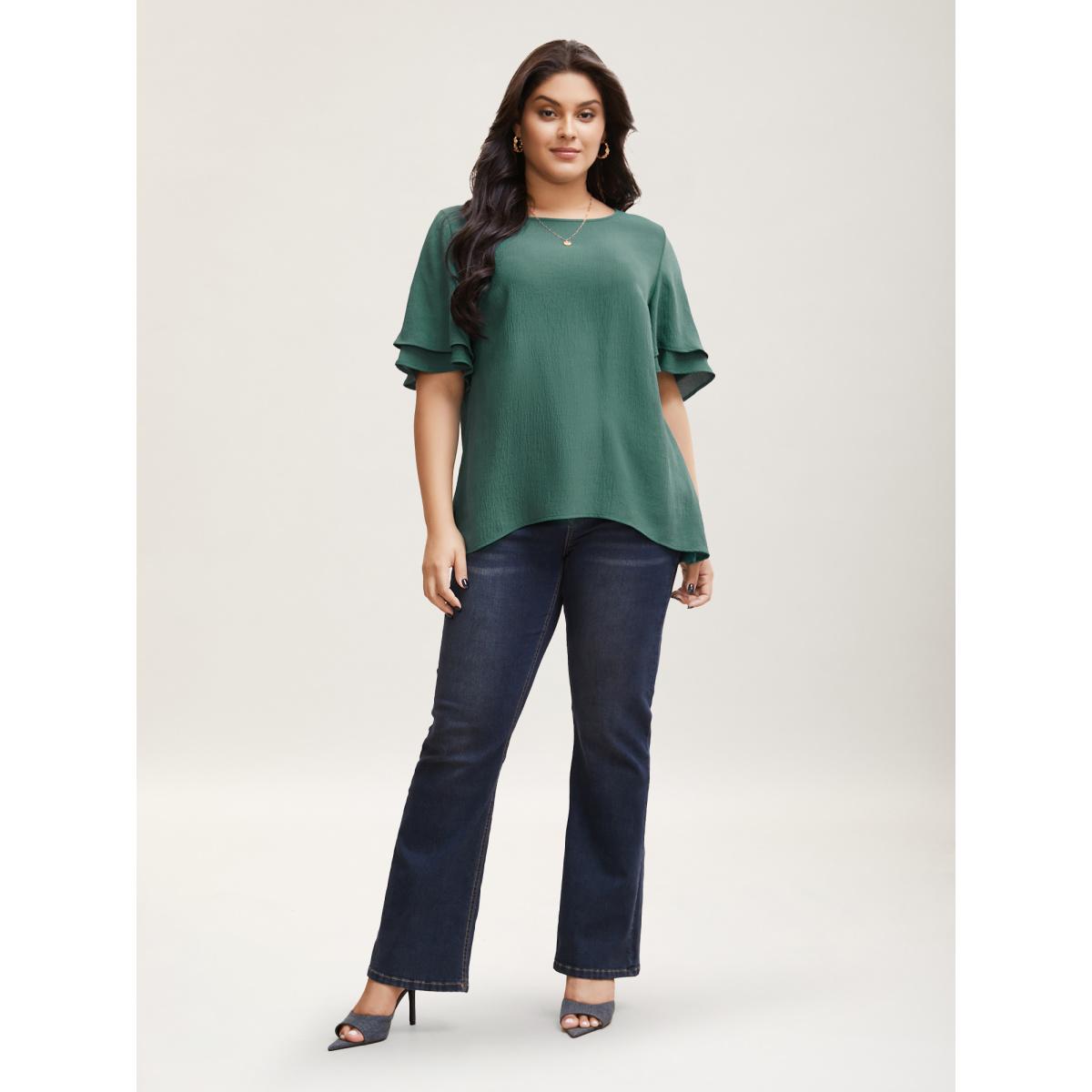 Plus Size Emerald Solid Tiered Ruffles Split Hem Blouse Women Elegant Half Sleeve Boat Neck Everyday Blouses BloomChic 28/5X Product Image