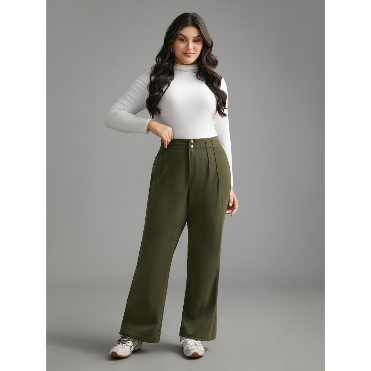 Plus Size Mid Rise Double Breasted Pleated Bootcut Pants Women ArmyGreen Elegant Bootcut Mid Rise Everyday Pants BloomChic 10/M Product Image