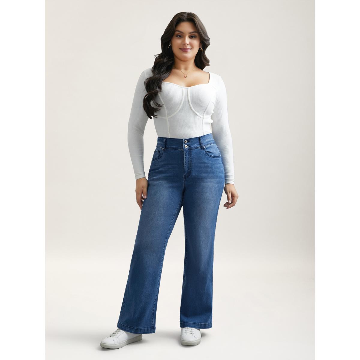 Plus Size Whiskered Stretchy Waist Bootcut Jeans Women Midblue Leisure Button Medium stretch Slanted pocket Jeans BloomChic 24/3X Product Image