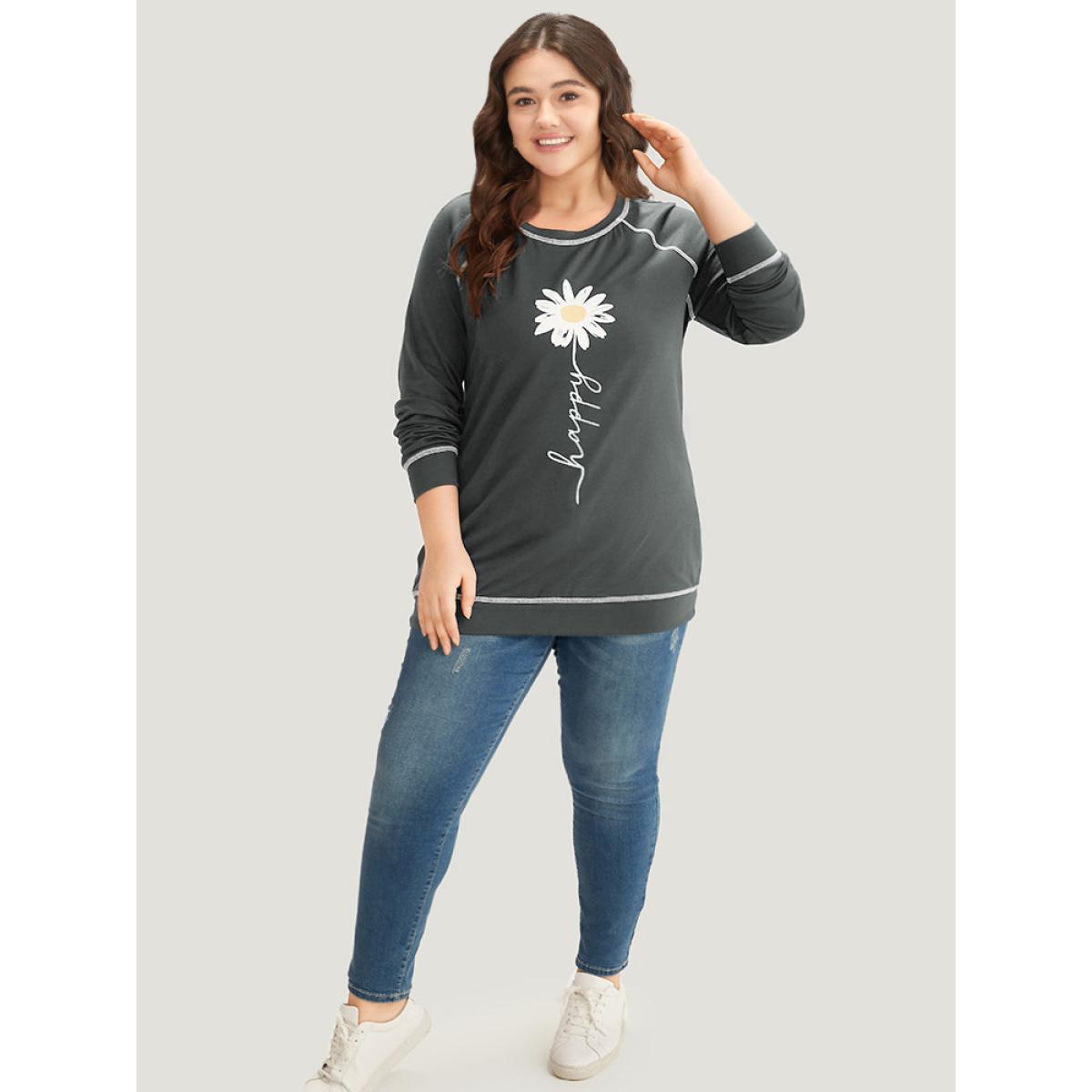 Plus Size Floral Print Stitch Crew Neck Raglan Sleeve Sweatshirt Women ArmyGreen Casual Elastic cuffs Dailywear Sweatshirts BloomChic 22-24/3X Product Image