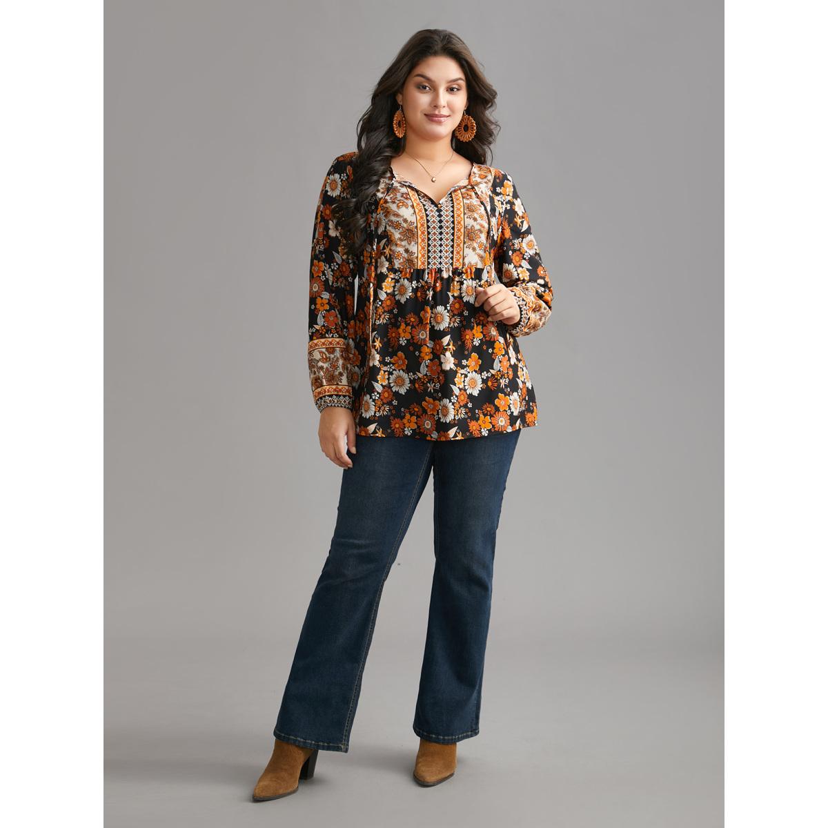 Plus Size Black Boho Print Tie Knot Lantern Sleeve Blouse Women Resort Long Sleeve Notched collar Vacation Blouses BloomChic 28/5X Product Image