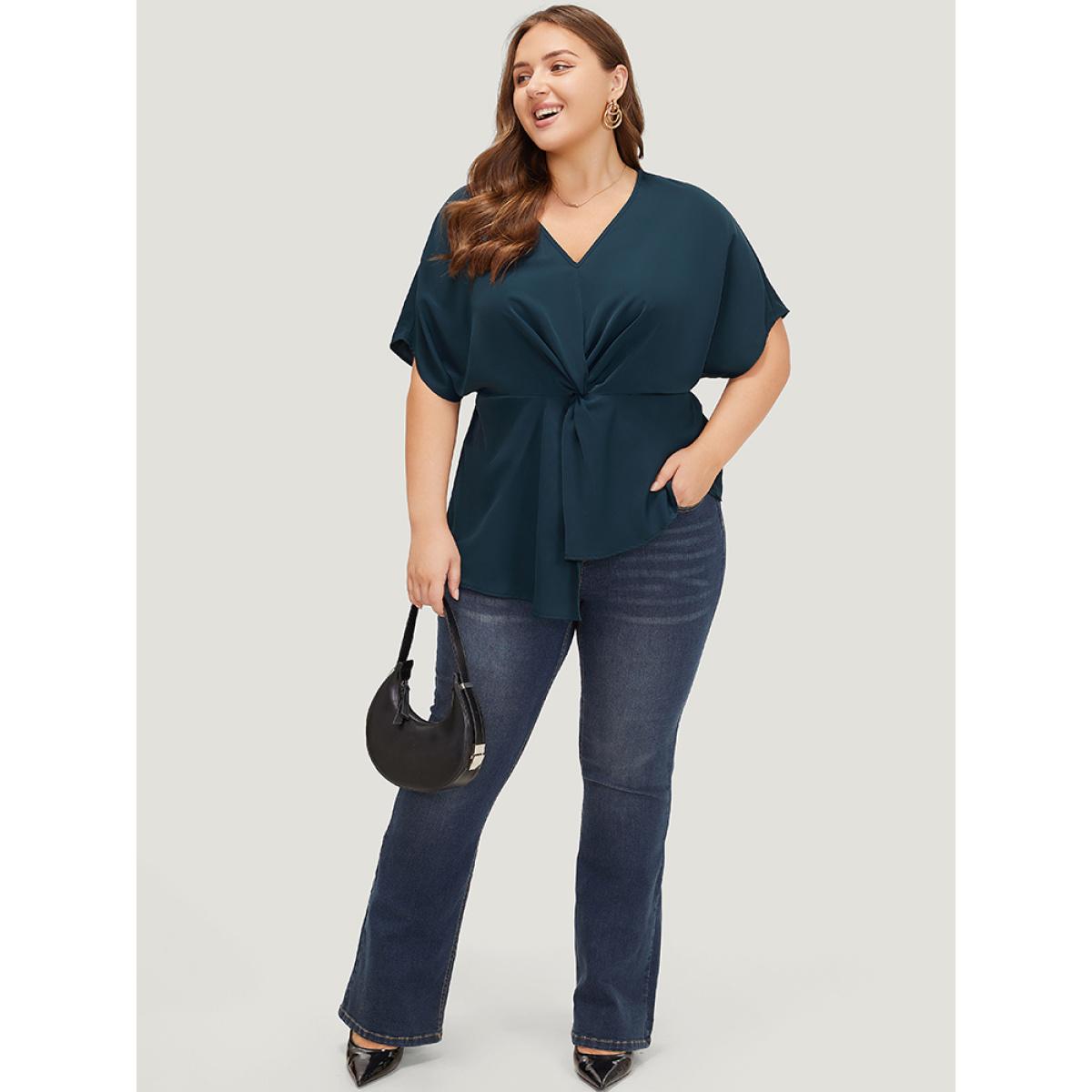 Plus Size Indigo Plain Twist Front Dolman Sleeve Asymmetrical Hem Blouse Women Office Short sleeve V-neck Dailywear Blouses BloomChic 26/4X Product Image