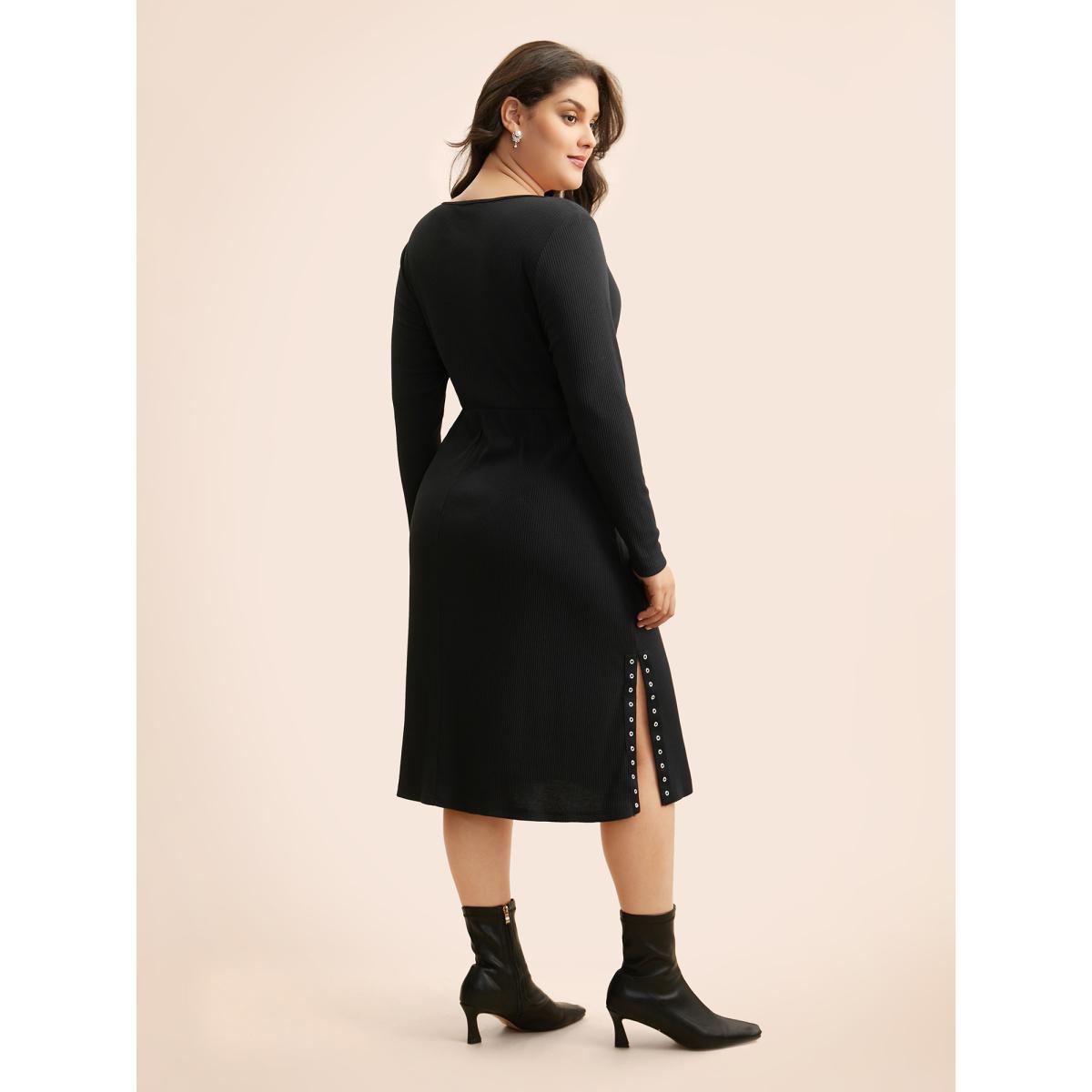 Plus Size Crew Neck Eyelet Split Hem Dress Black Women Casual Eyelet Round Neck Long Sleeve Curvy BloomChic 14-16/1X Product Image