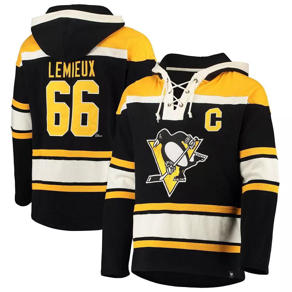 Men's '47 Mario Lemieux Black Pittsburgh Penguins Retired Player Name & Number Lacer Pullover Hoodie, Size: Large Product Image