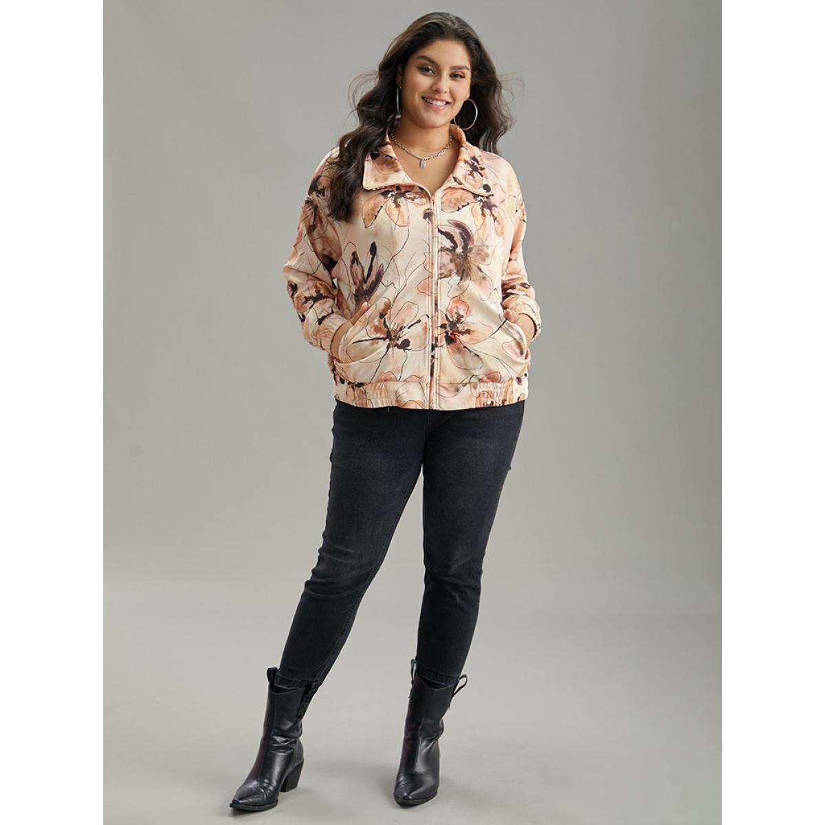 Plus Size Floral Zipper Gathered Elastic Cuffs Jacket Women Multicolor Elastic cuffs Pocket Dailywear Jackets BloomChic 22-24/3X Product Image