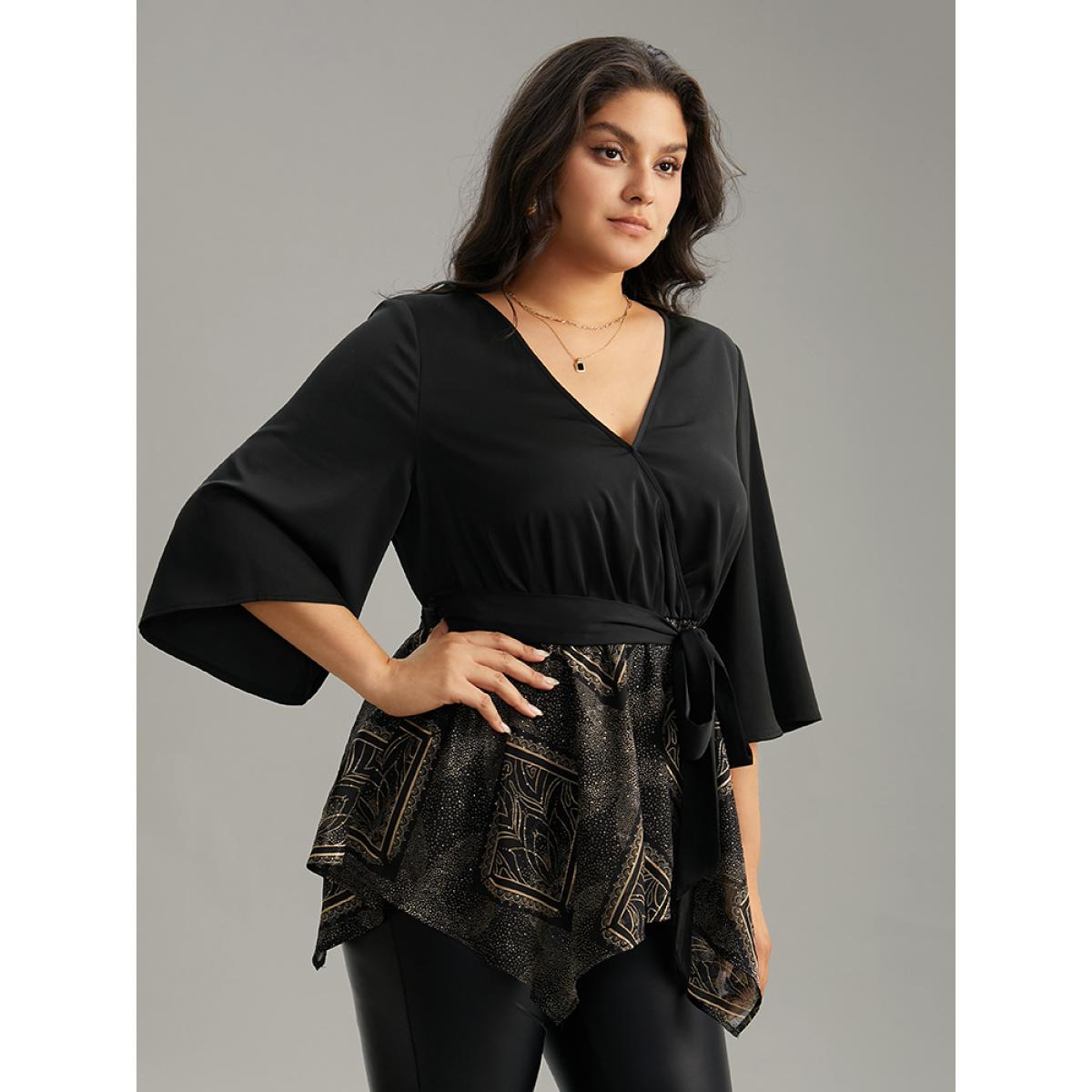 Plus Size Black Boho Print Chiffon Belted Patchwork Hanky Hem Blouse Women Glamour Elbow-length sleeve V-neck Going out Blouses BloomChic 22-24/3X Product Image