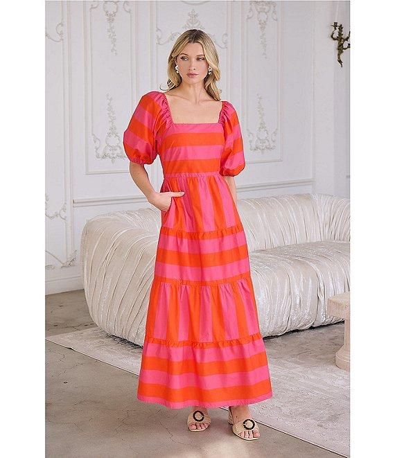 Sugarlips Azalea Poplin Stripe Print Square Neck Short Sleeve Maxi Dress Product Image