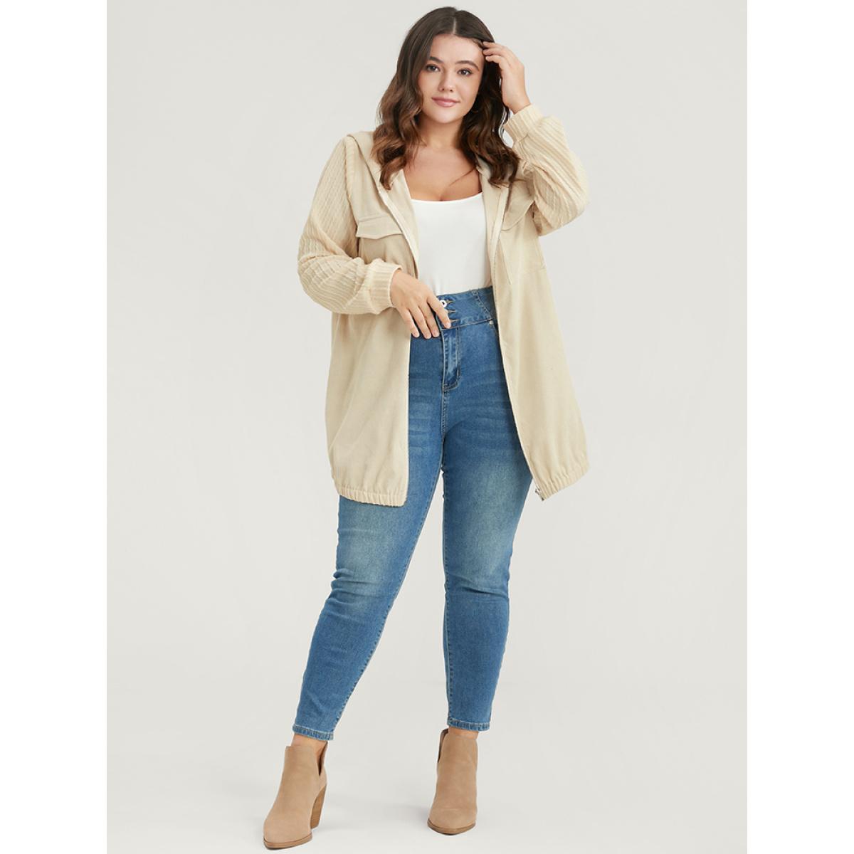 Plus Size Solid Flap Pocket Zip Up Hooded Coat Women Beige Casual Patchwork Ladies Dailywear Winter Coats BloomChic 10/M Product Image