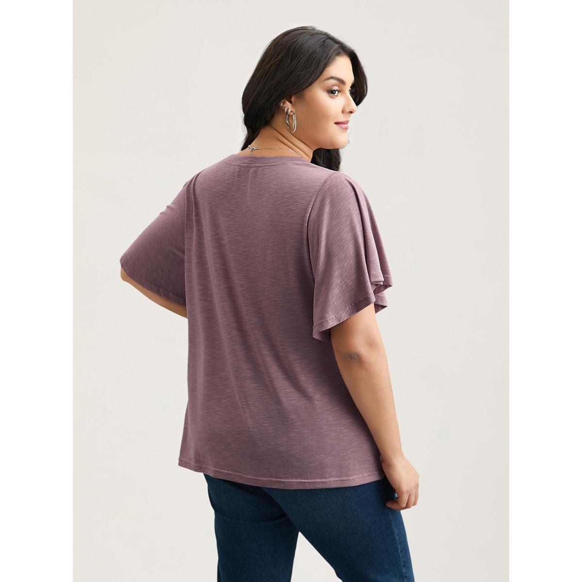 Plus Size V-Neck Stretchy Flared Sleeve T-Shirt DustyPink Women Leisure Ruffles V-neck Casual T-shirts BloomChic 10/M Product Image