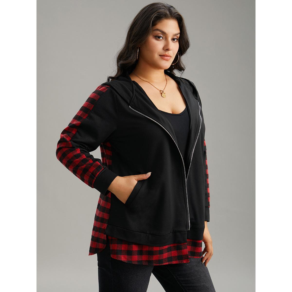Plus Size Plaid Patchwork Zipper Hooded Asymmetrical Hem Jacket Women Black Contrast Pocket Dailywear Jackets BloomChic 18-20/2X Product Image