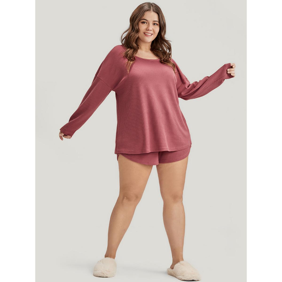 Plus Size Solid Ties Waffle Knit Pajama Set Women Burgundy Plain Long Sleeve Round Neck Casual Loungewear Sets BloomChic 12/L Product Image