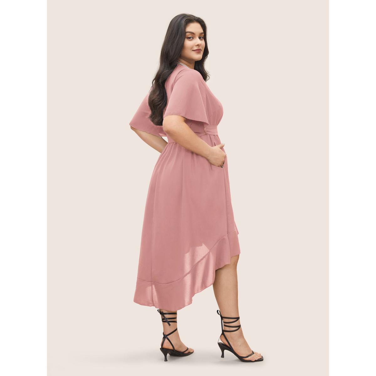 Plus Size Bloom Dress - Solid Tie Surplice Ruffle High Low Dress Lightpink Women Elegant Cross straps V-neck Short sleeve Curvy Midi Dress BloomChic 22-24/3X Product Image