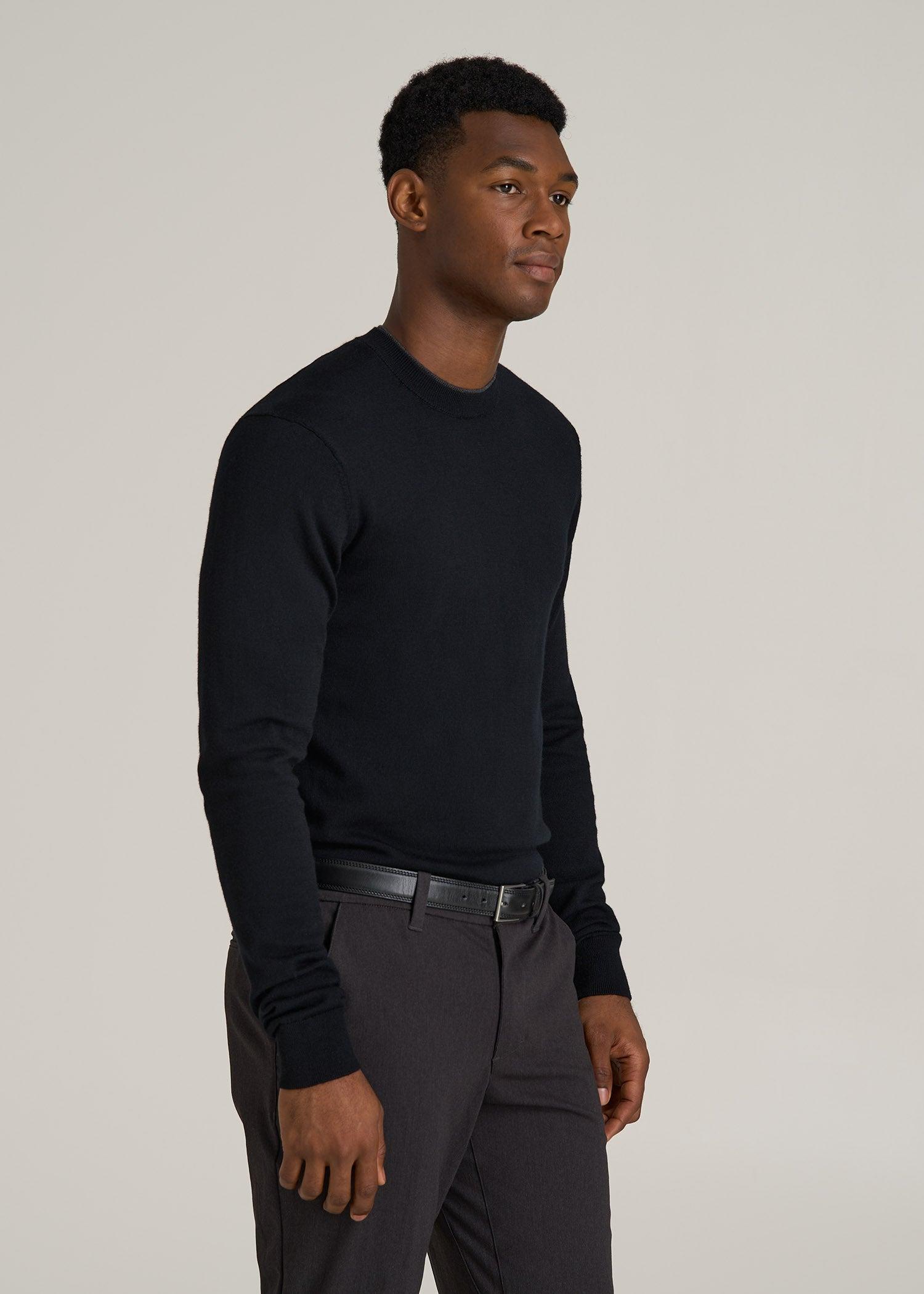 Merino Wool Crewneck Tip Sweater for Tall Men in Black Male Product Image