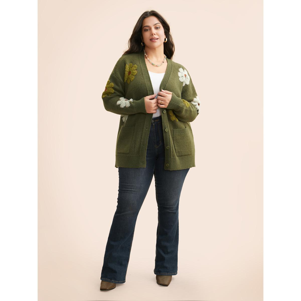 Plus Size Floral Texture Slit Hem Patch Pocket Cardigan ArmyGreen Women Casual Loose Long Sleeve Everyday Cardigans BloomChic 18-20/2X Product Image
