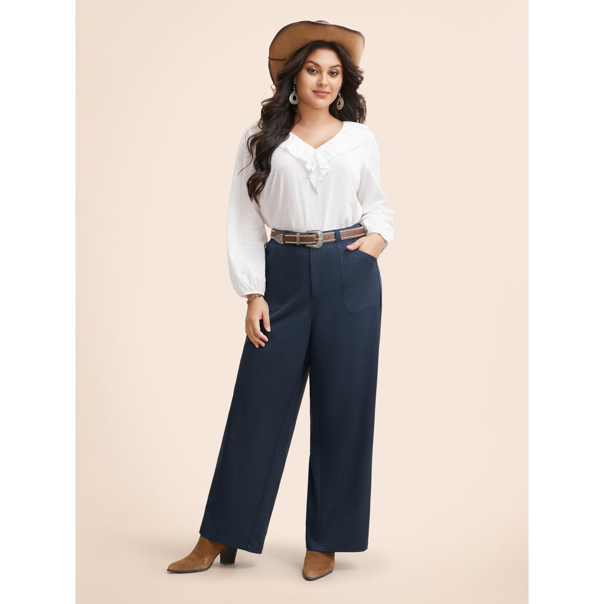 Plus Size Solid Buttoned Zipper Wide Leg Pants Women Indigo Casual Wide Leg Mid Rise Everyday Pants BloomChic 12/L Product Image
