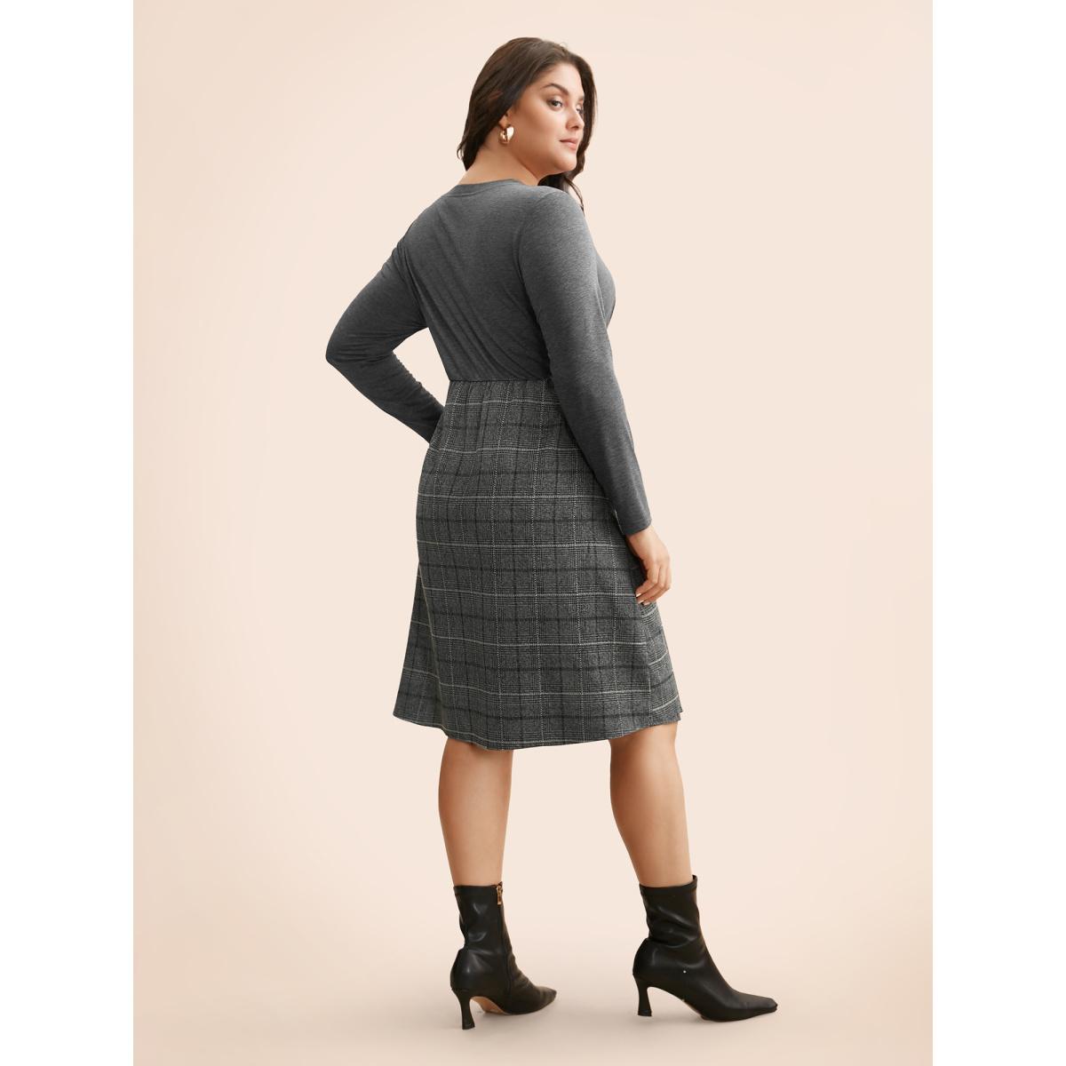 Plus Size Plaid Patchwork Buckle Detail Pleated Dress DimGray Women At the Office Overlapping Round Neck Long Sleeve Curvy BloomChic 14-16/1X Product Image