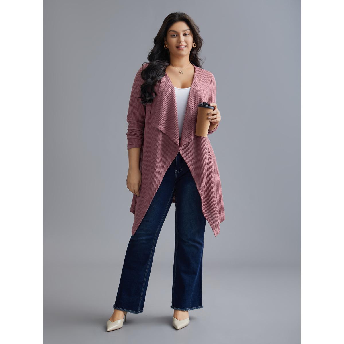 Plus Size Lapel Collar Waffle Grid Open-Front Jacket Women DustyPink Texture Loose Everyday Jackets BloomChic 10/M Product Image