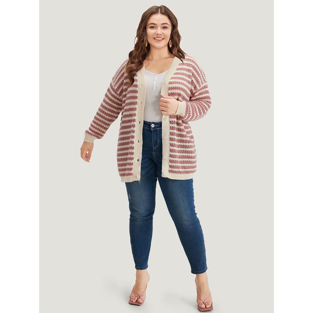 Plus Size Striped Button Through Cut Out Cardigan DustyPink Women Casual Loose Long Sleeve Dailywear Cardigans BloomChic 14-16/1X Product Image