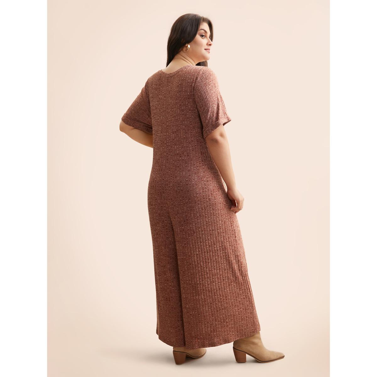Plus Size Burgundy Texture Button Up Patch Pocket Jumpsuit Women Casual Half Sleeve Flat collar with V-notch Everyday Loose Jumpsuits BloomChic 22-24/3X Product Image