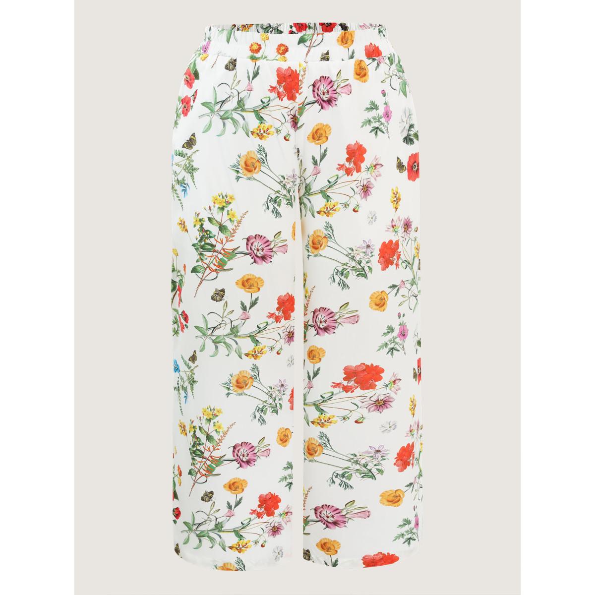 Plus Size Floral Print Stretchy Waist Wide-Leg Pants Women WhiteSmoke Romantic Wide Leg High Rise Elegant Pants BloomChic 30/6X Product Image