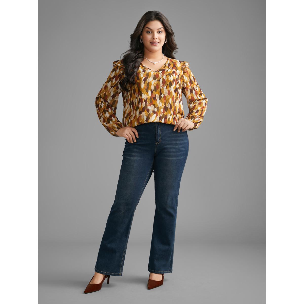 Plus Size Multicolor Leaves Print Ruffle Trim Slit Hem Blouse Women Elegant Long Sleeve V-neck Everyday Blouses BloomChic 18-20/2X Product Image