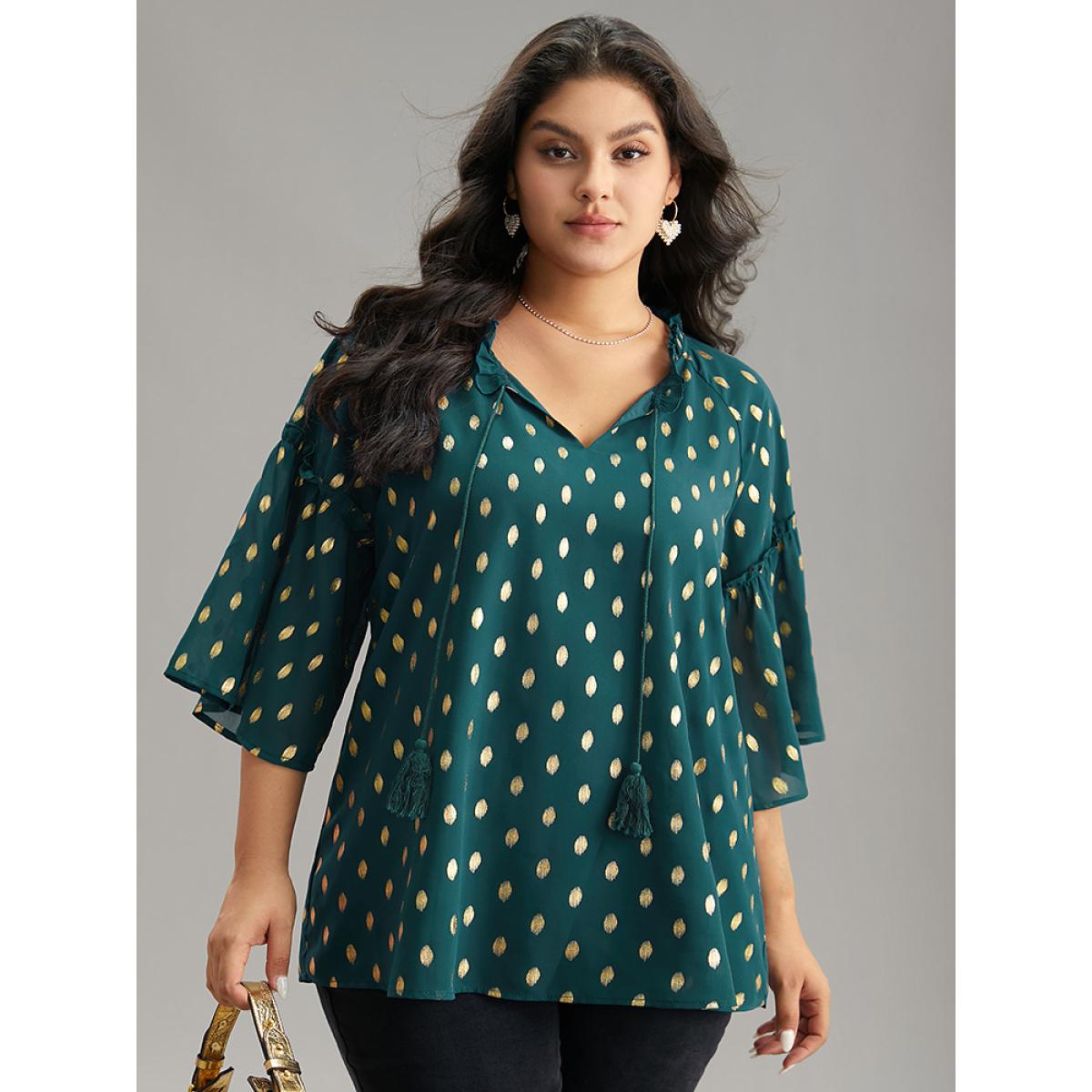 Plus Size Cyan Geo Glitter Tassels Ties Blouse Women Glamour Elbow-length sleeve Tie Neck Going out Blouses BloomChic 18-20/2X Product Image