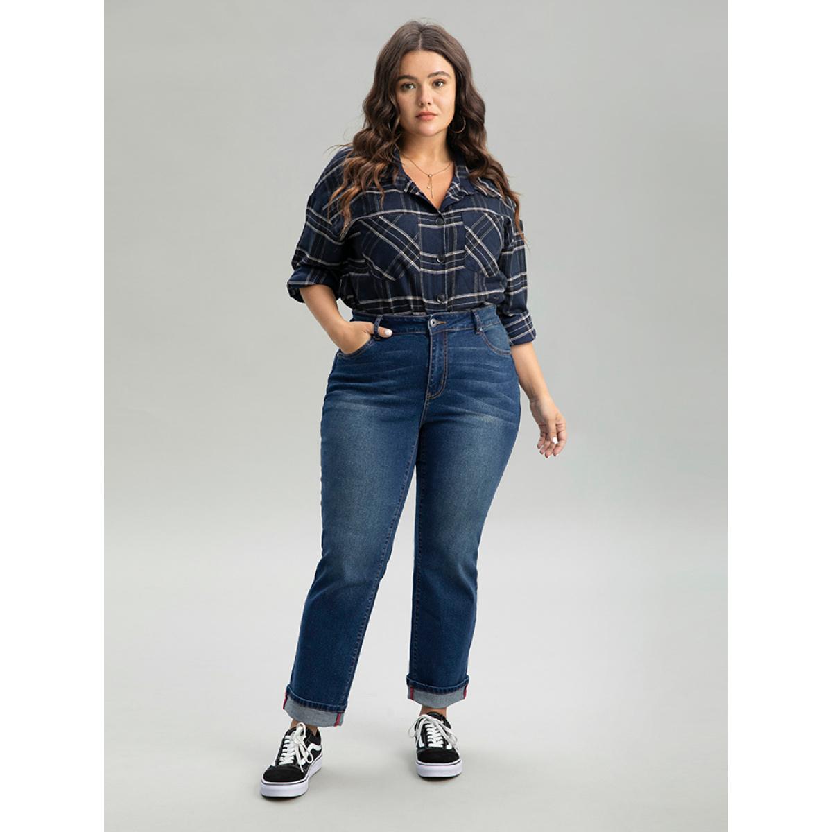 Plus Size Straight Leg Zipper Roll Hem Dark Wash Jeans Women DarkBlue Casual Plain Plain High stretch Pocket Jeans BloomChic 16/1X Product Image