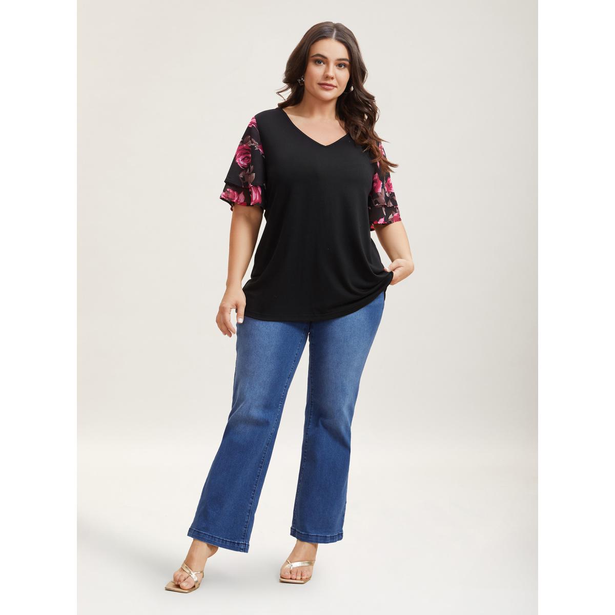 Plus Size Stretchy Floral Lotus Sleeve V-Neck T-Shirt Black Women Leisure Contrast Round Neck Casual T-shirts BloomChic 18-20/2X Product Image