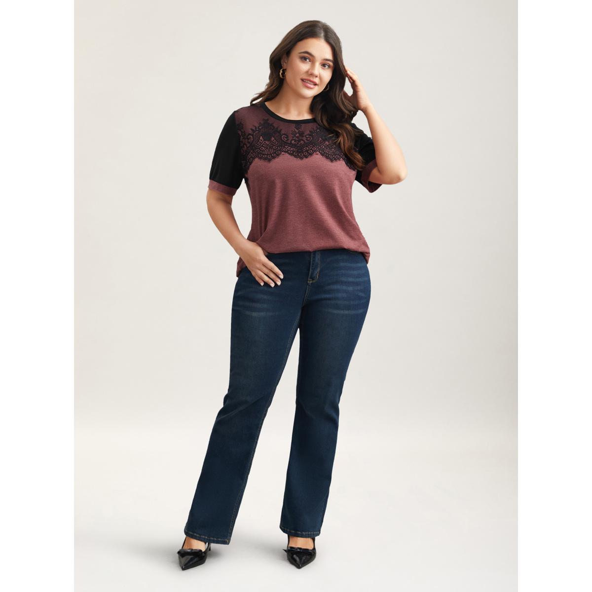 Plus Size Stretchy Scalloped Lace Color Contrast T-Shirt Russet Women Timeless Contrast Round Neck Elegant T-shirts BloomChic 10/M Product Image