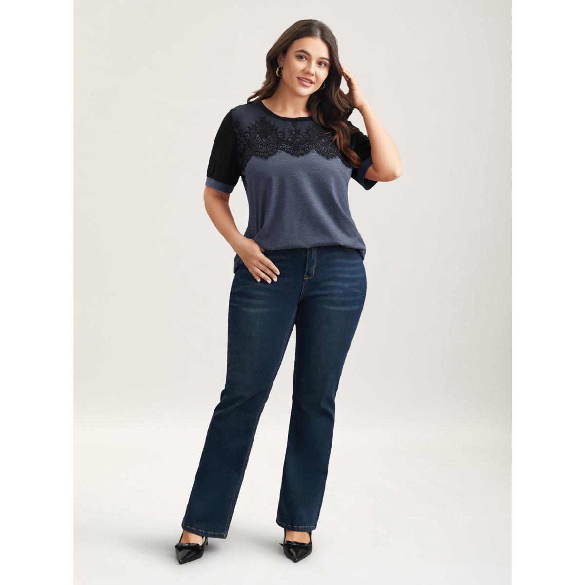 Plus Size Stretchy Scalloped Lace Color Contrast T-Shirt DarkSlateGray Women Timeless Contrast Round Neck Elegant T-shirts BloomChic 12/L Product Image