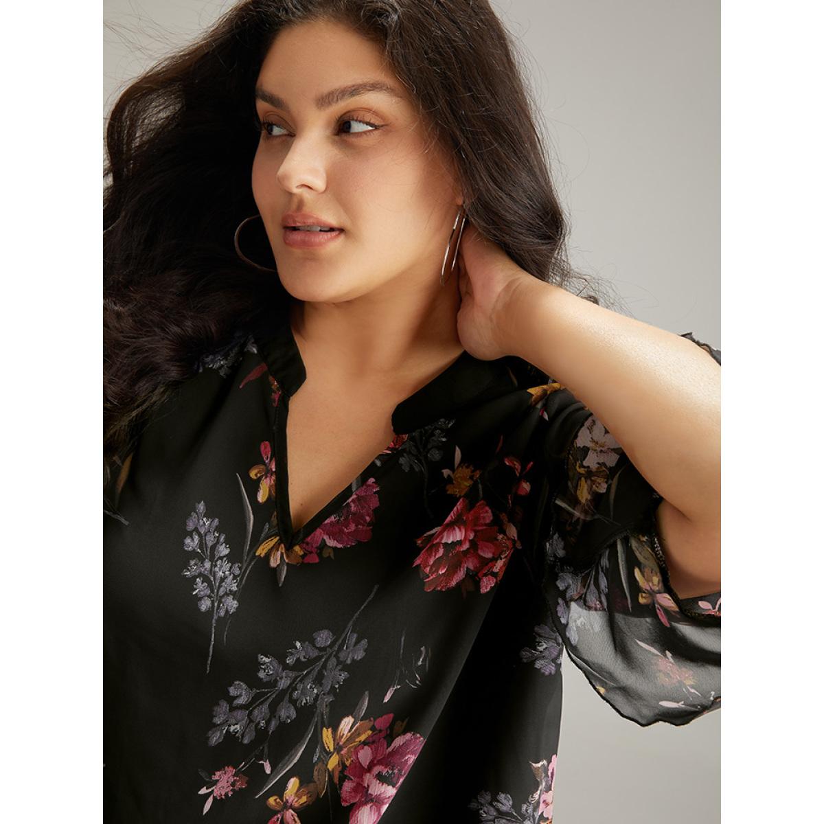 Plus Size Black Floral Mesh Ruffle Sleeve Blouse Women Elegant Long Sleeve V-neck Dailywear Blouses BloomChic 14-16/1X Product Image