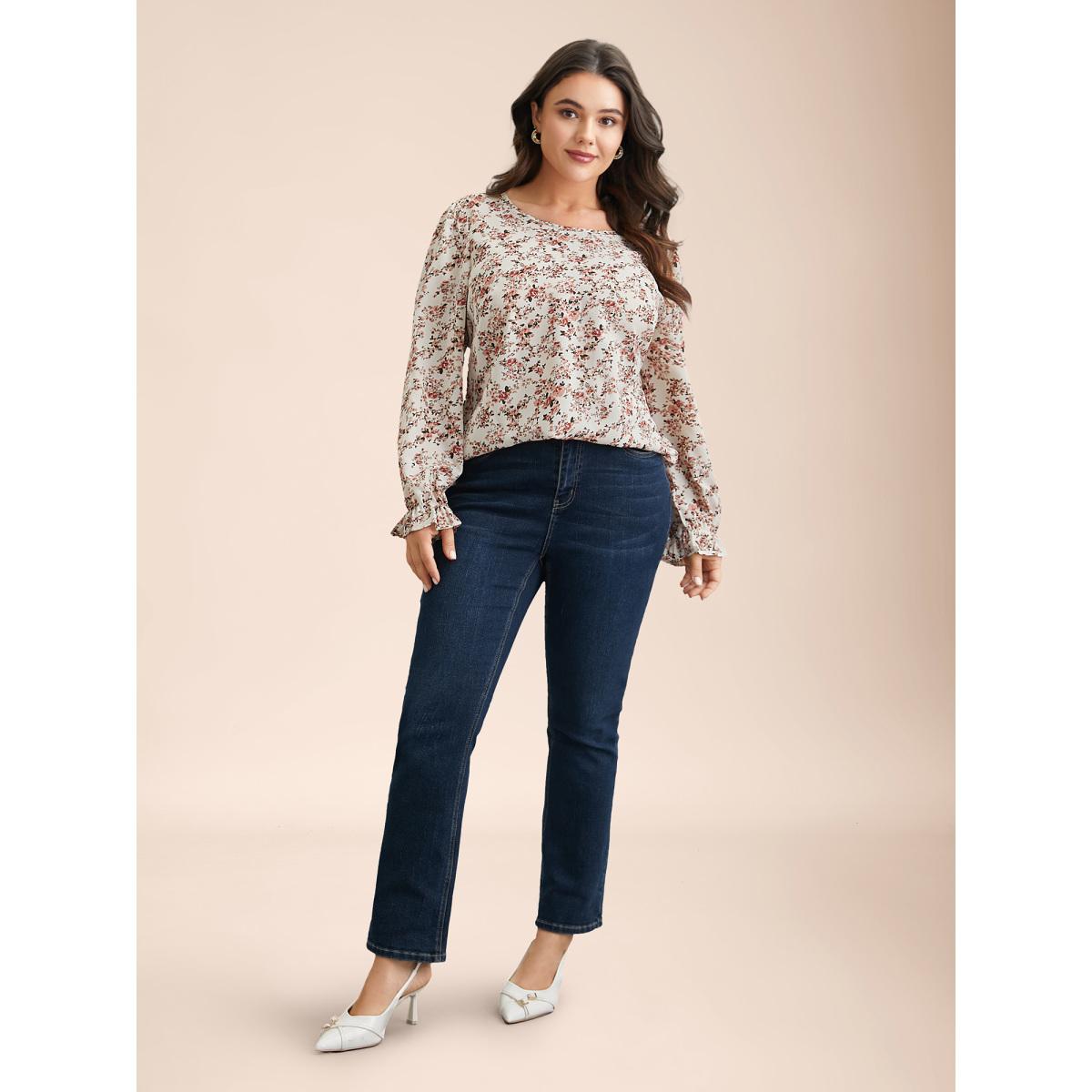 Plus Size Beige Back Lace Trim Ditsy Floral Print Blouse Women Elegant Long Sleeve Round Neck Everyday Blouses BloomChic 18-20/2X Product Image