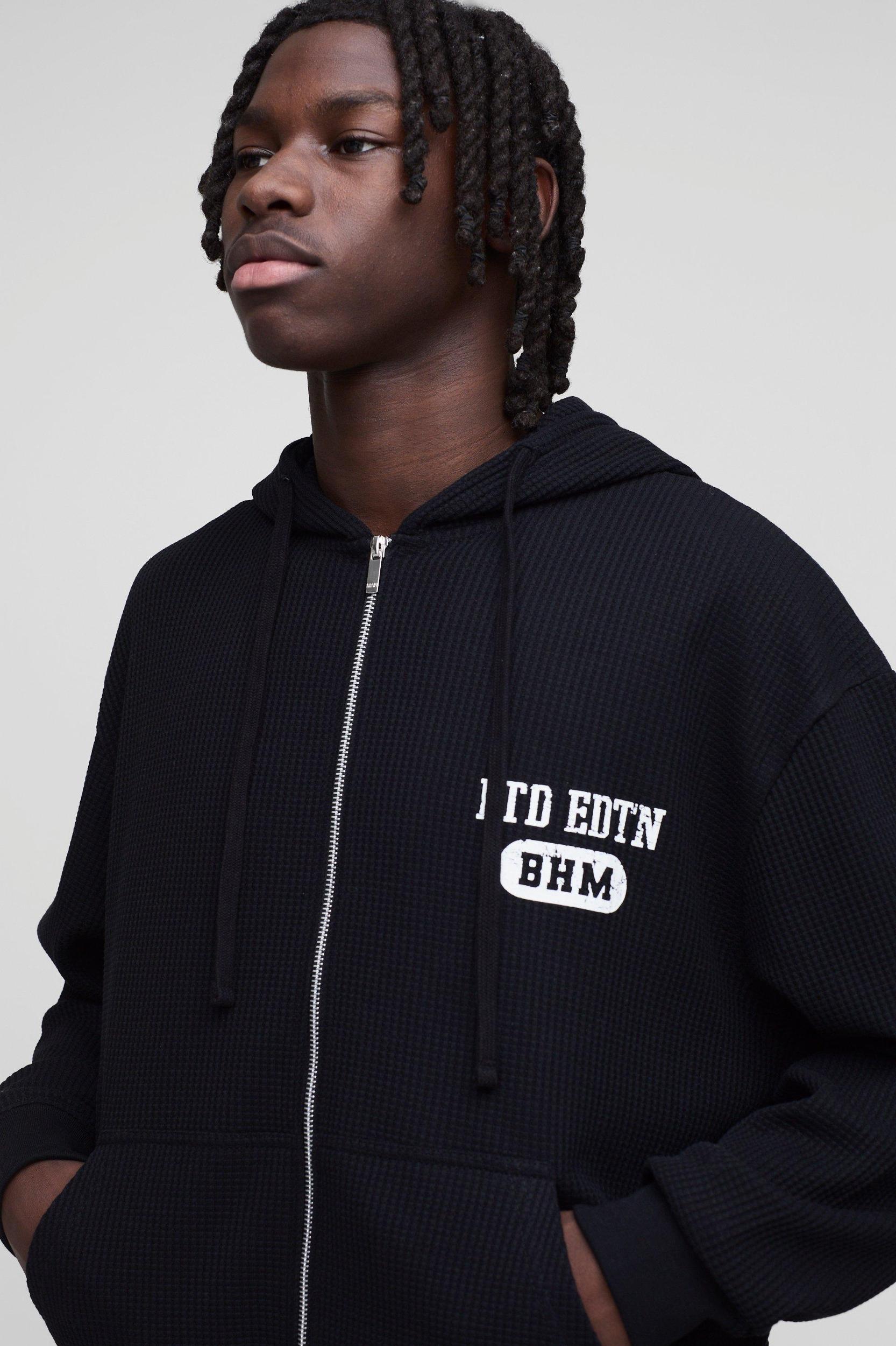 Oversized Boxy Waffle Print Zip Through Hoodie | boohooMAN USA Product Image
