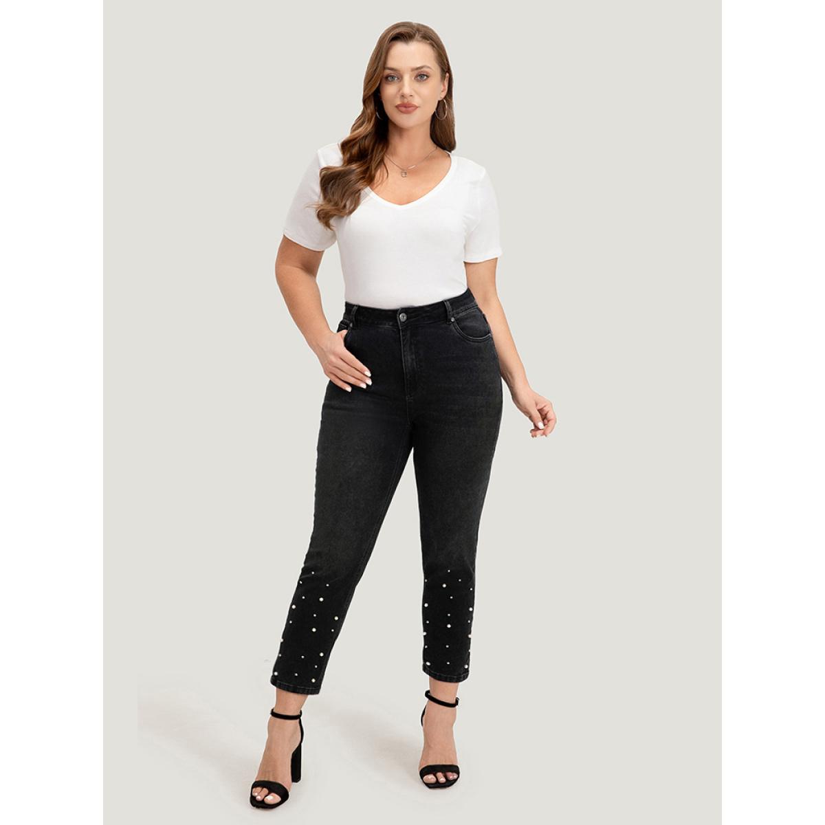 Plus Size Beaded Detail Pocket Very Stretchy Black Wash Jeans Women DimGray Casual Plain Beaded High stretch Pocket Jeans BloomChic 20/2X Product Image