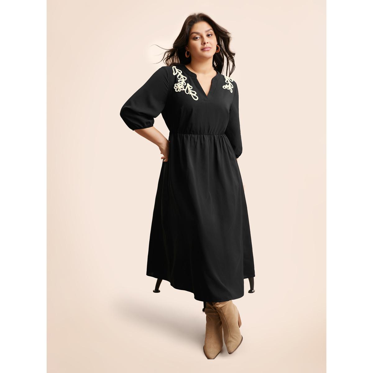 Plus Size Notched Stereo Flower Design Midi Dress Black Women Resort Woven ribbon&lace trim Notched collar Elbow-length sleeve Curvy BloomChic 30/6X Product Image